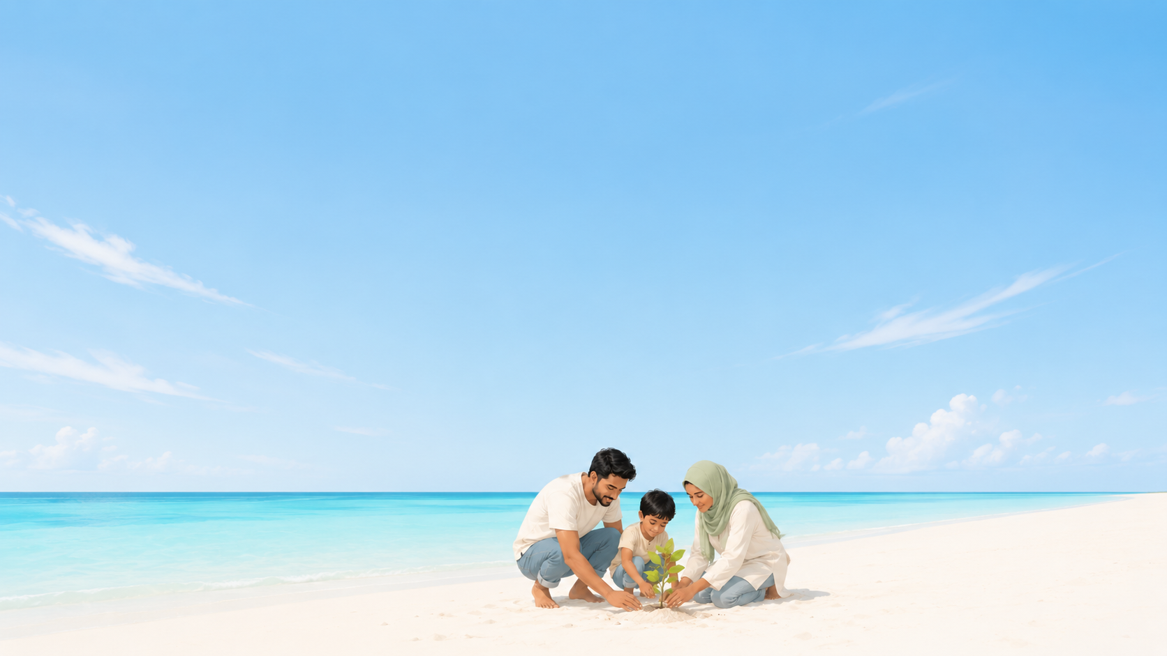 A Maldivian family planting a tree sapling on the beach